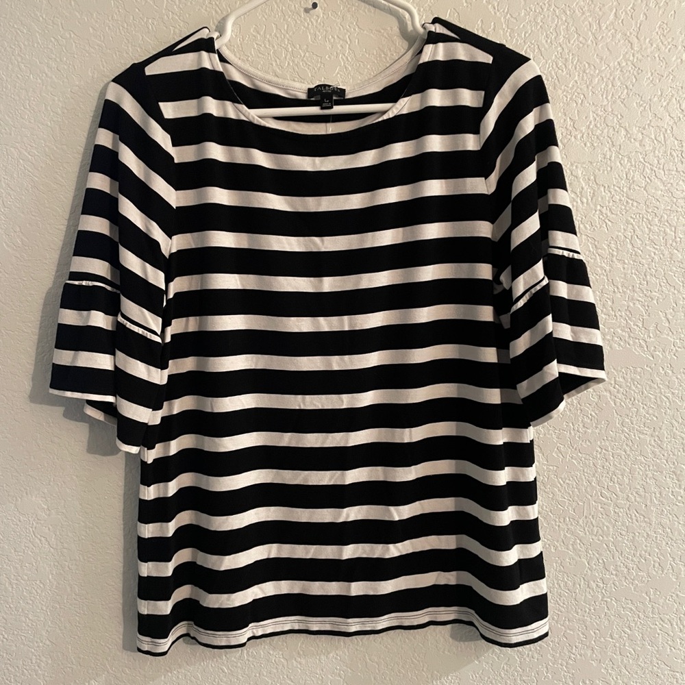 Talbots black and white striped shirt with flutter type sleeves size LP